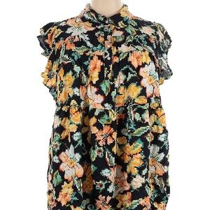 Anthropologie 2X Vibrant Floral Ruffle Sleeve Top